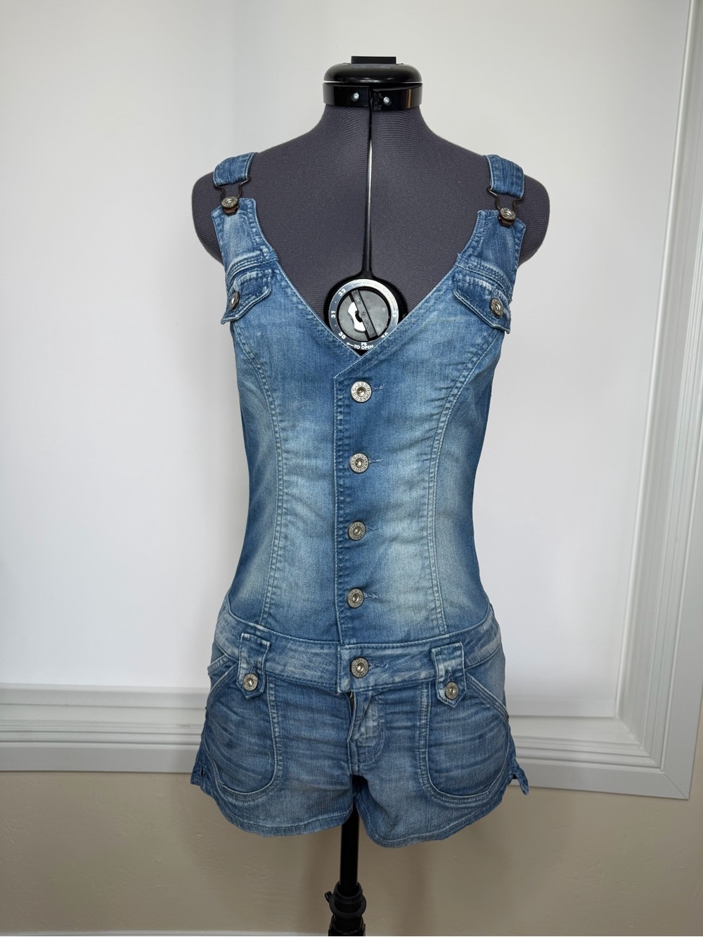 Guess Washed Blue Denim Button-Front Short Overalls